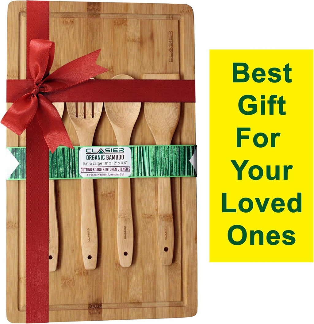 Bamboo Cutting Board Extra-Large 12" X 18" and Four Piece Utensils Set with Juice Tray Groove - Organic Perfect Solid Wood Eco and Knife -Friendly- Best Kitchen Chef Bread-Chopping Board: by