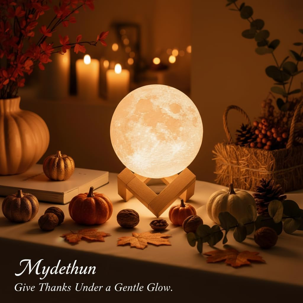Moon Lamp, 3D Printed LED Night Light 4.7' with Wooden Base, Fall Halloween Decor Touch-Dimmable & Dual-Color, White & Yellow — Gift for Women, Mom, Kids, Bedroom, Birthday