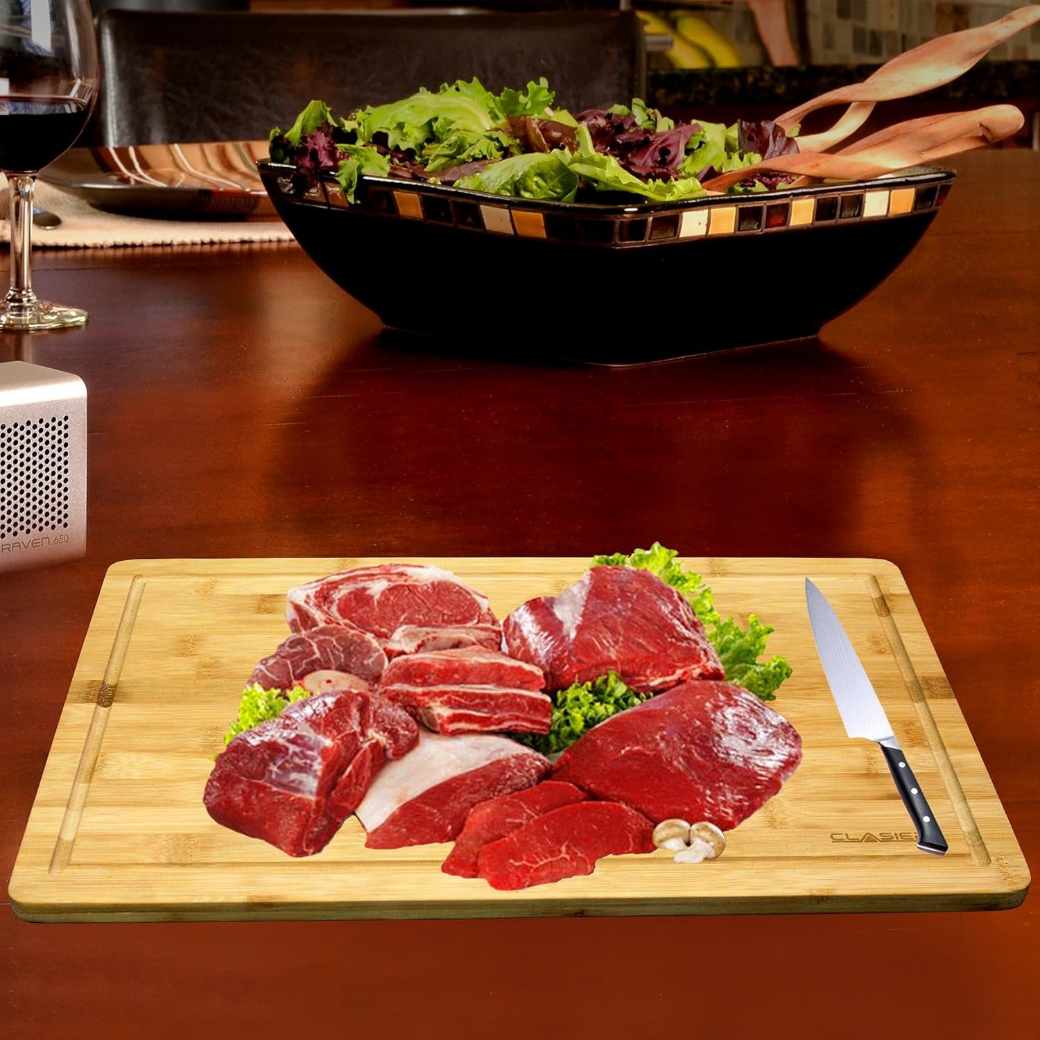 Bamboo Cutting Board Extra-Large 12" X 18" and Four Piece Utensils Set with Juice Tray Groove - Organic Perfect Solid Wood Eco and Knife -Friendly- Best Kitchen Chef Bread-Chopping Board: by