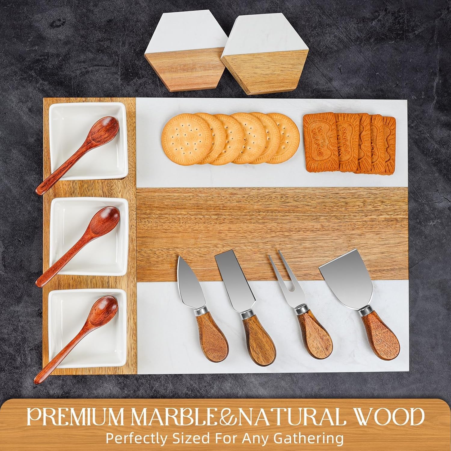 Charcuterie Board Set, Marble Cheese Boards, 15.74“ Wood - Marble Cheese Board Set for Couples 2025, Bridal Shower, Housewarming Gifts New Home, Gifts for Women