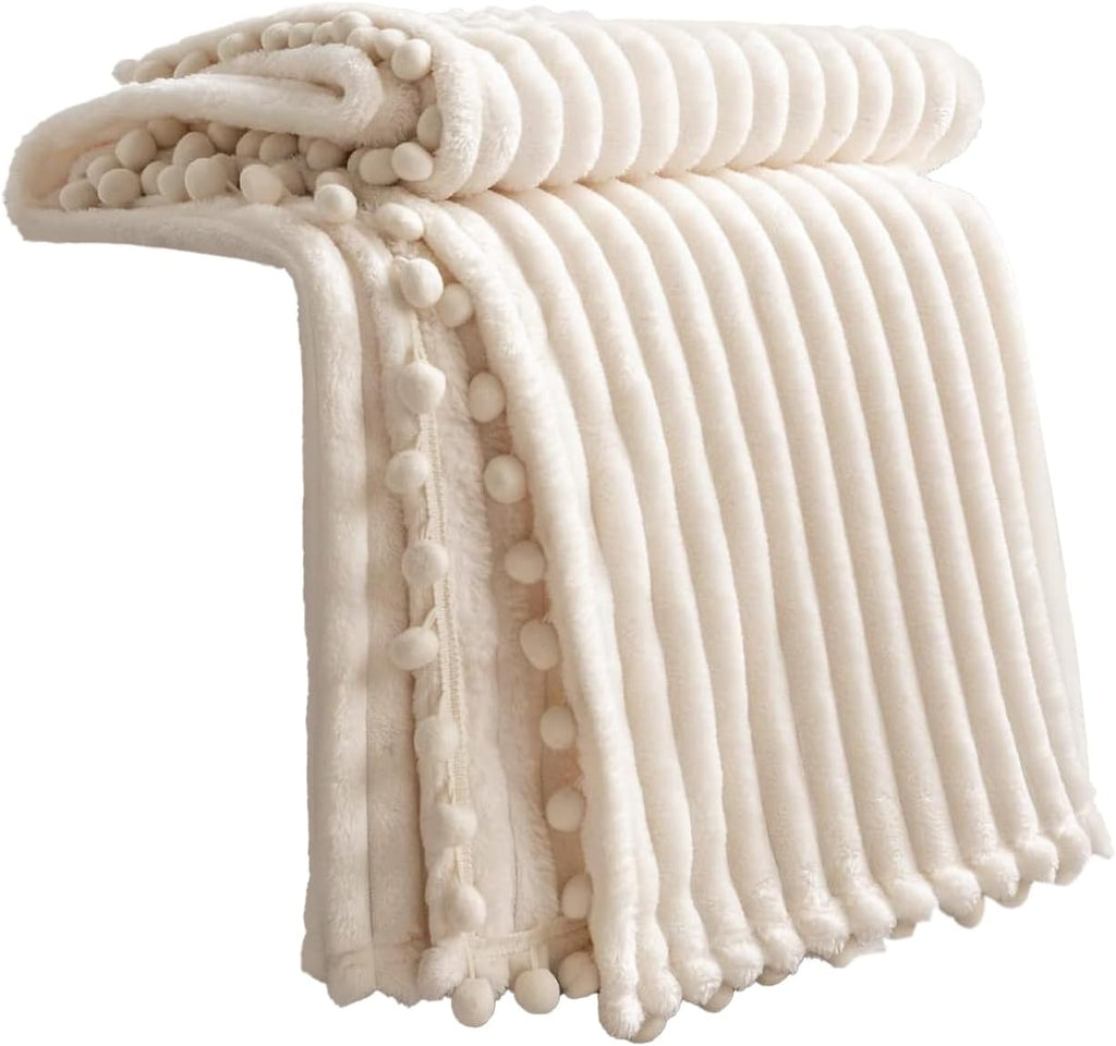 Fleece Blanket Throw Size – 51X63, Beige – Soft, Plush, Fluffy, Fuzzy, Warm, Cozy – Perfect Throw for Couch, Bed, Sofa - with Pompom Fringe - Flannel Blanket Throw Blanket