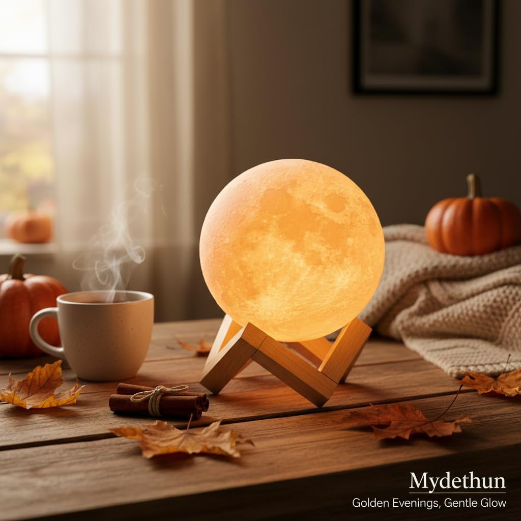 Moon Lamp, 3D Printed LED Night Light 4.7' with Wooden Base, Fall Halloween Decor Touch-Dimmable & Dual-Color, White & Yellow — Gift for Women, Mom, Kids, Bedroom, Birthday