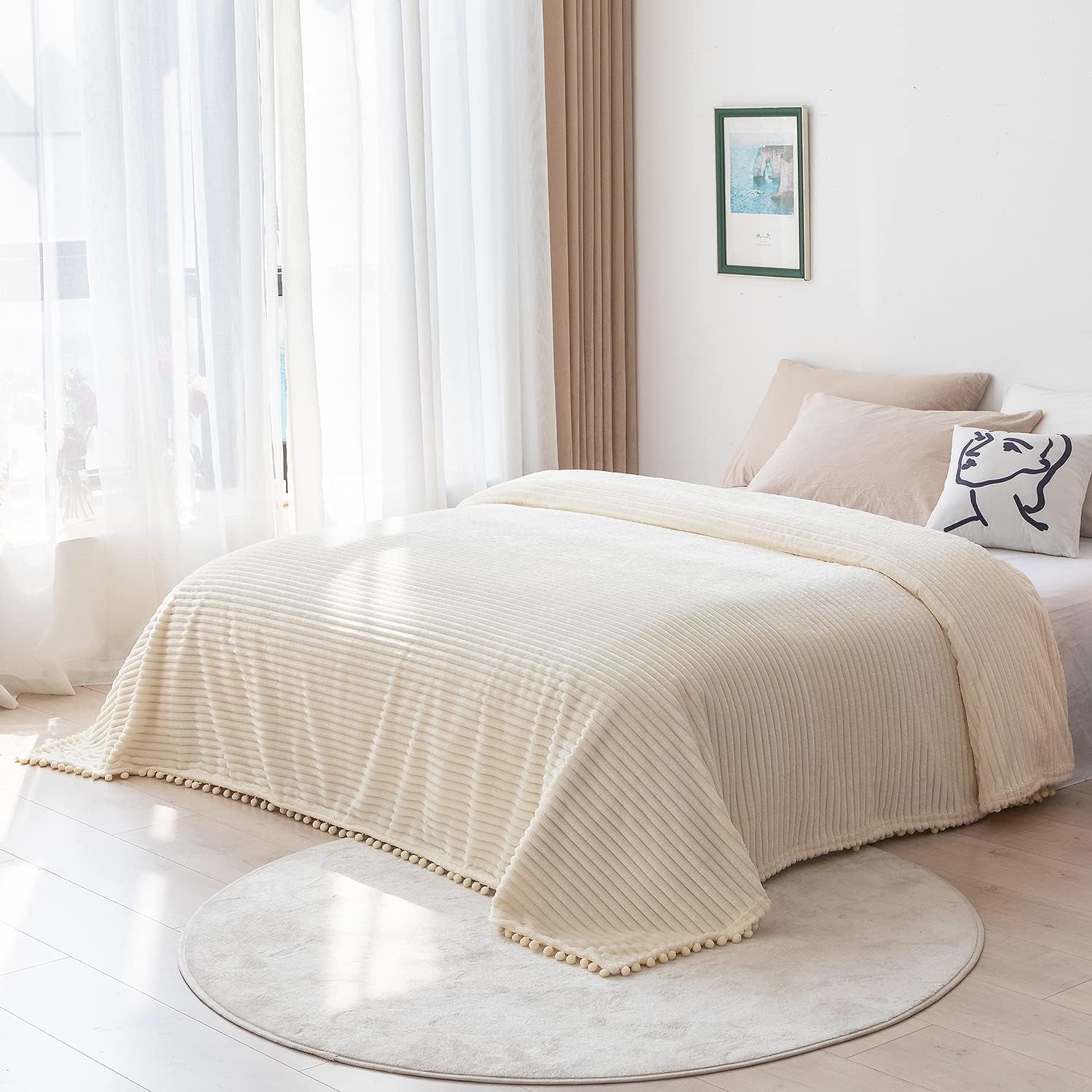 Fleece Blanket Throw Size – 51X63, Beige – Soft, Plush, Fluffy, Fuzzy, Warm, Cozy – Perfect Throw for Couch, Bed, Sofa - with Pompom Fringe - Flannel Blanket Throw Blanket