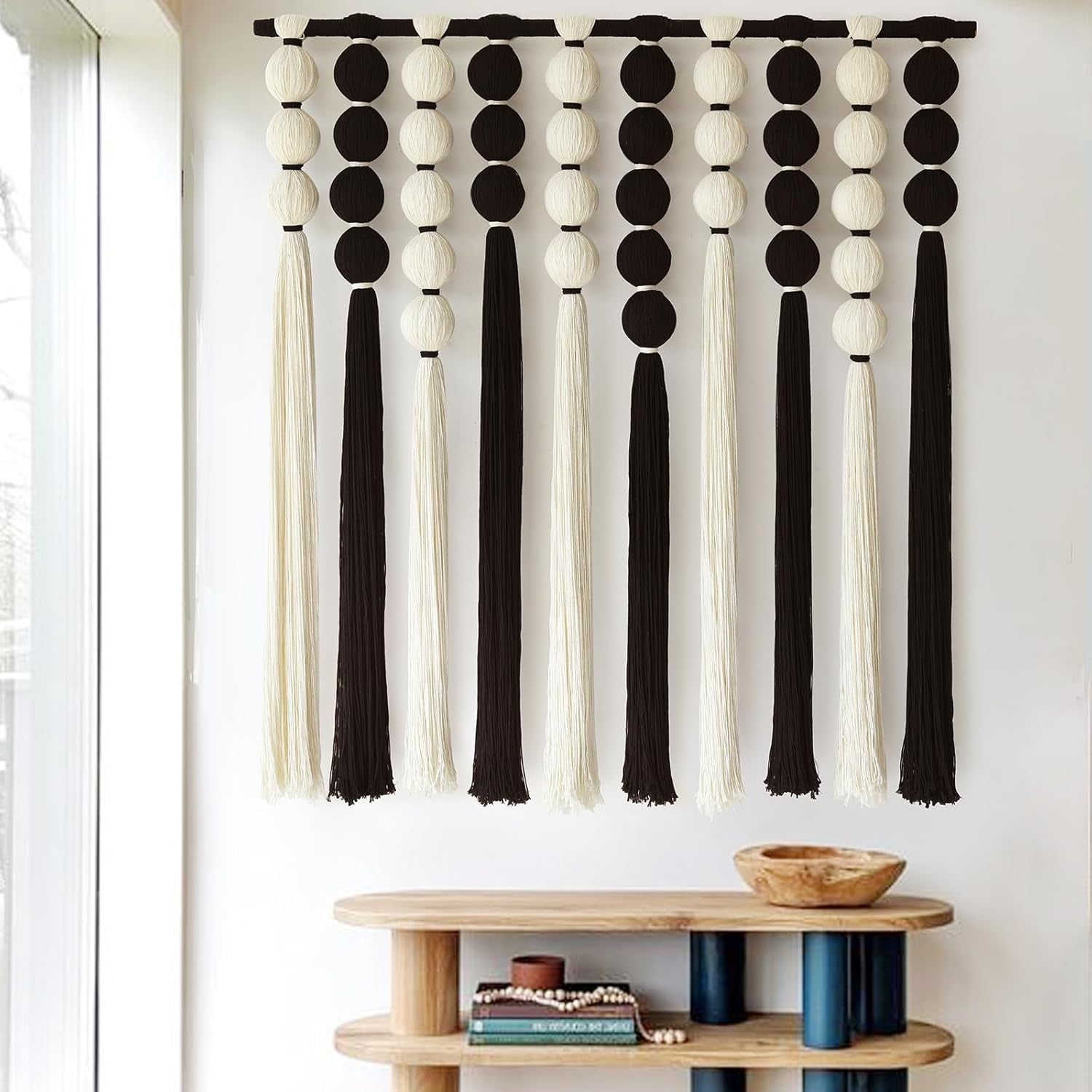 Large Macrame Wall Hanging Macrame Wall Decor Black and White Sphericity Cotton Textile Wall Hanging Boho Wall Decor Art Fiber Yarn Art Handmade 39" Wx39 L