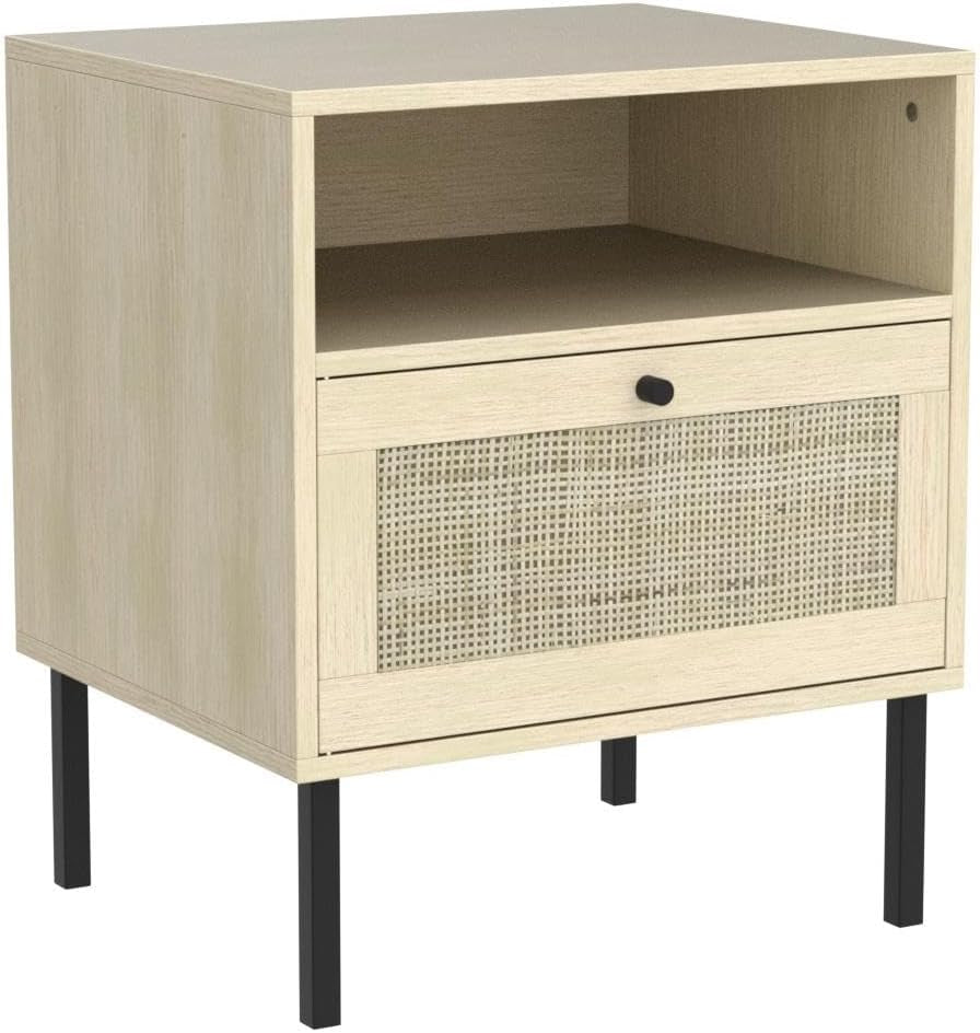 Natural Rattan Nightstand Set of 2, End Table,Boho Bedside Table with 1 Hand Made Decorated Door for Living Room, Bedroom
