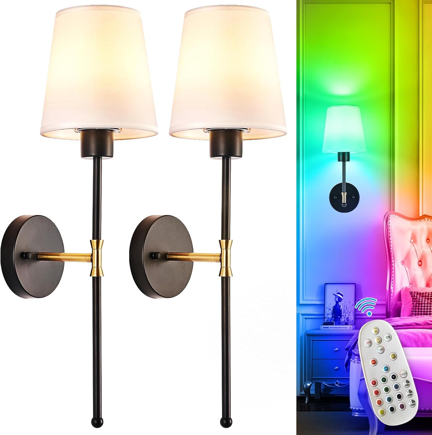 Battery Operated Wall Sconce: Set of 2 Wireless Wall Lights with Remote for Bedroom - Rechargeable 15 Colors Black and Gold Wall Lamp for Living Room Hallway