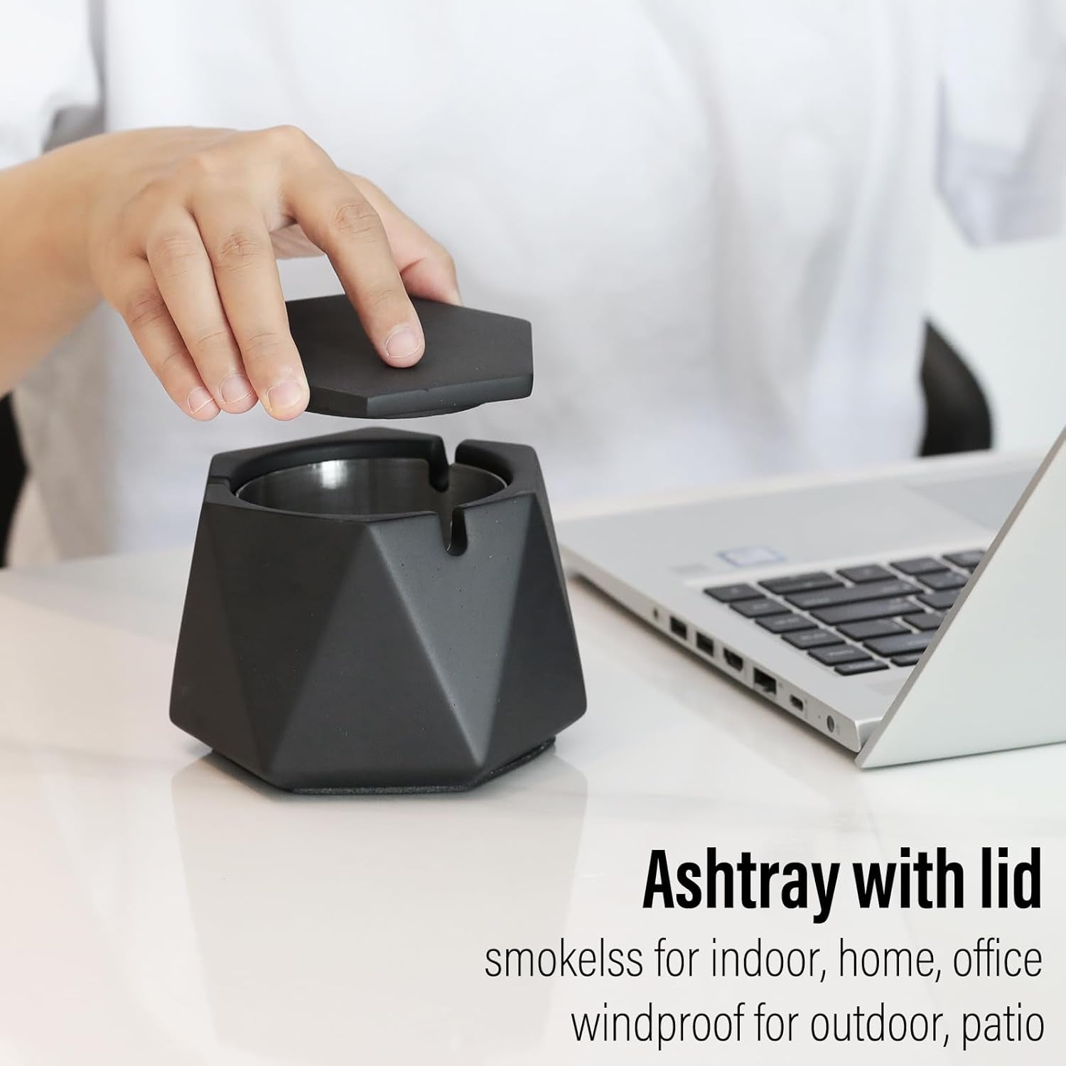 Concrete Ashtray with Lid & Stainless Steel Ashtrays for Cigarettes, Cement Ash Tray Smoking Holder Indoor Smokeless Outdoor Windproof Patio Home Office Cool Decor(Black, Large)