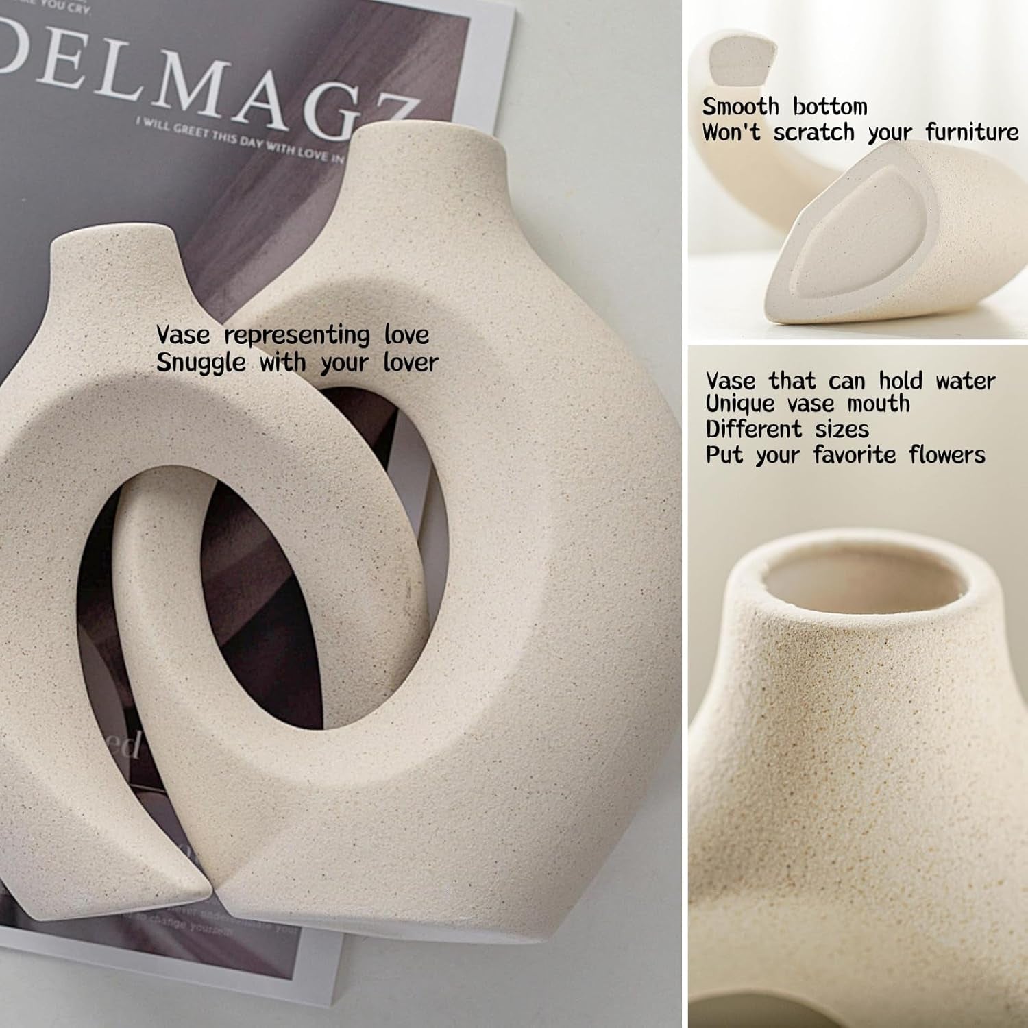 Snuggle Hollow Ceramic Vase Set of 2 for Coffee Table Decor, Donut Decorative Vases for Boho Modern Table Centerpieces Home Living Room Entryway Table Shelves Decoration (Beige W 6.3" X H 8.4")