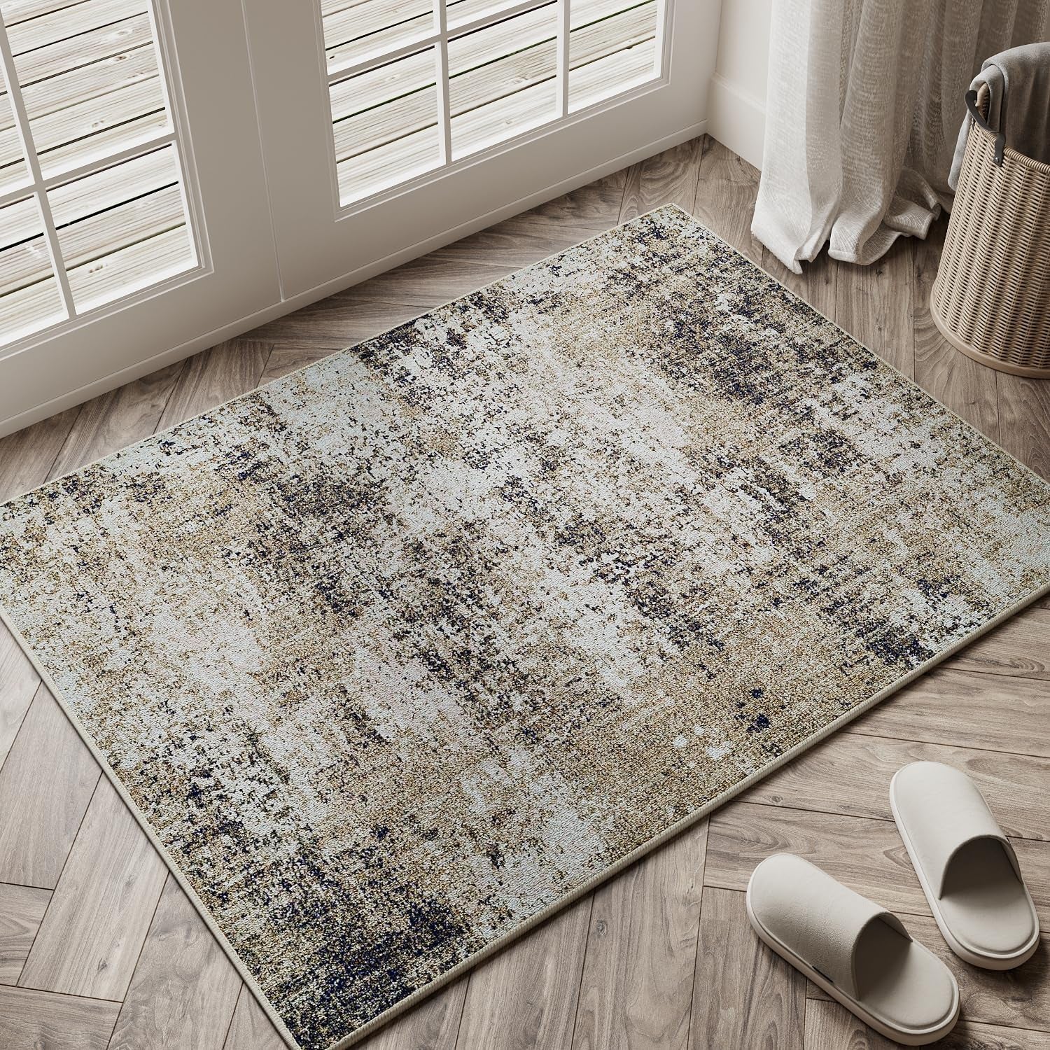 Washable Brown Area Rug 2X3 Modern Abstract Small Entryway Door Mat Neutral Soft Bathroom Carpet Low Pile Non Slip Indoor Throw Rug for Kitchen Bedroom Office Laundry Living Room