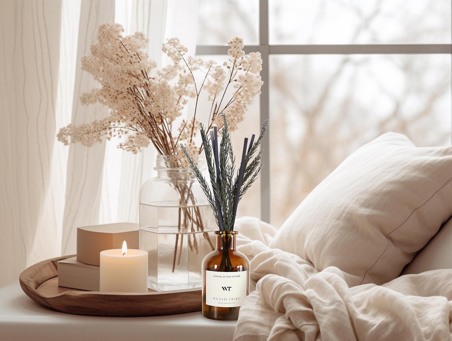 Reed Diffuser Set for Bathroom Air Fresheners, Oil Diffuser Sticks with Flower | Balsam Fir Scent 4.0 Fl Oz Home Fragrance with Sticks Defusers | House Bedroom Office Shelf Decor