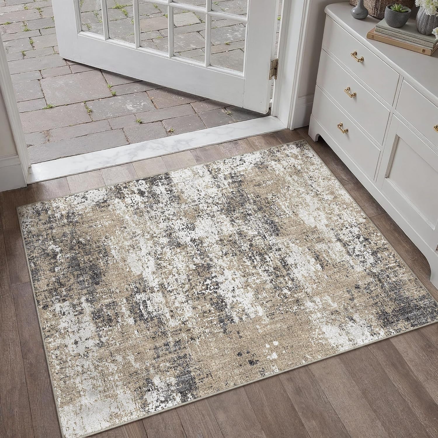 Washable Brown Area Rug 2X3 Modern Abstract Small Entryway Door Mat Neutral Soft Bathroom Carpet Low Pile Non Slip Indoor Throw Rug for Kitchen Bedroom Office Laundry Living Room