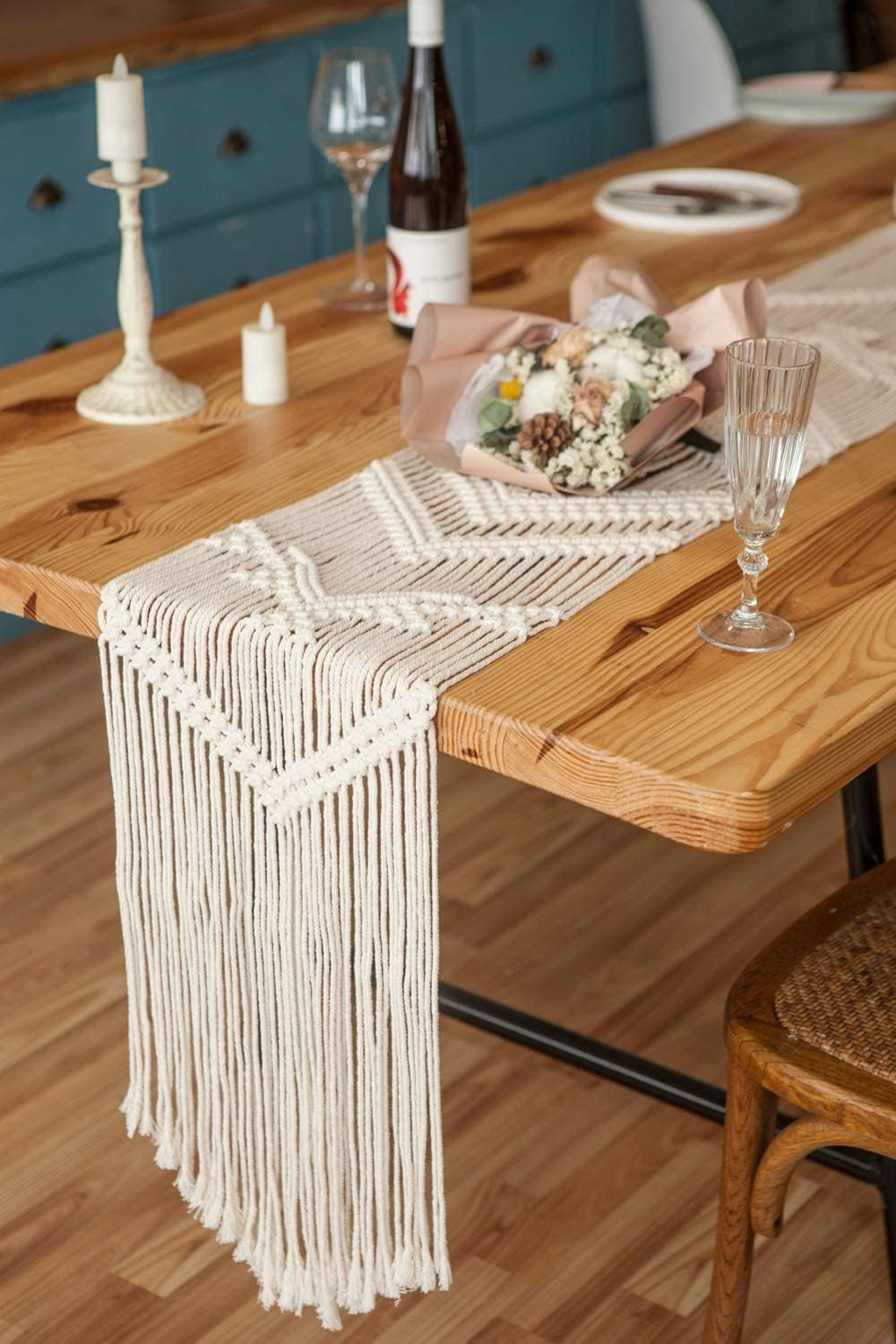 100 Inches Boho Macrame Table Runner Woven Thanksgiving Christmas Party Decor Handmade Linen Placemats with Tassels Home Decoration for Dining Room Kitchen, 12 X 100 Inches