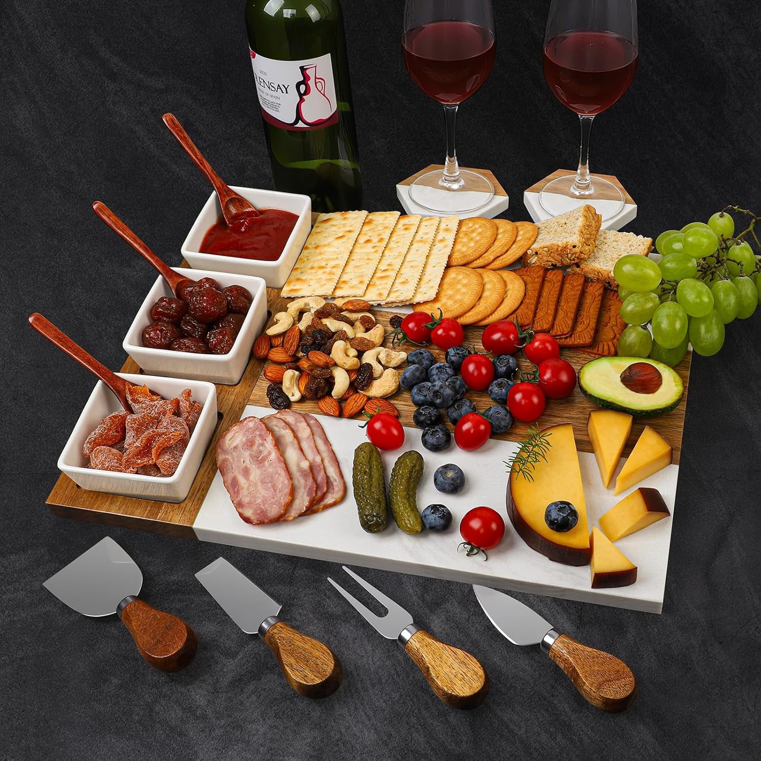 Charcuterie Board Set, Marble Cheese Boards, 15.74“ Wood - Marble Cheese Board Set for Couples 2025, Bridal Shower, Housewarming Gifts New Home, Gifts for Women