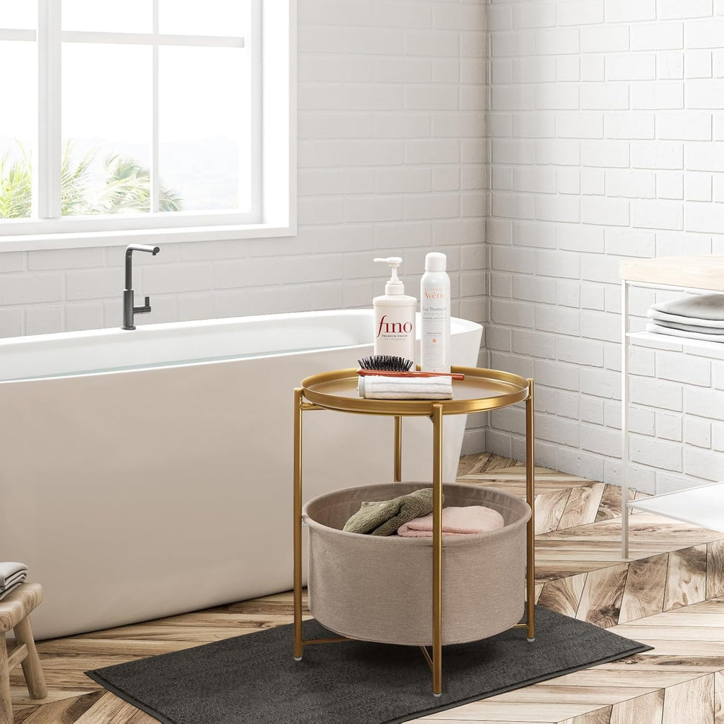 round Side Table with Fabric Storage Basket, Metal Side Small Bedside Table Nightstand with Removable Tray Top for Living Room, Bedroom, Nursery, Laundry, Gold