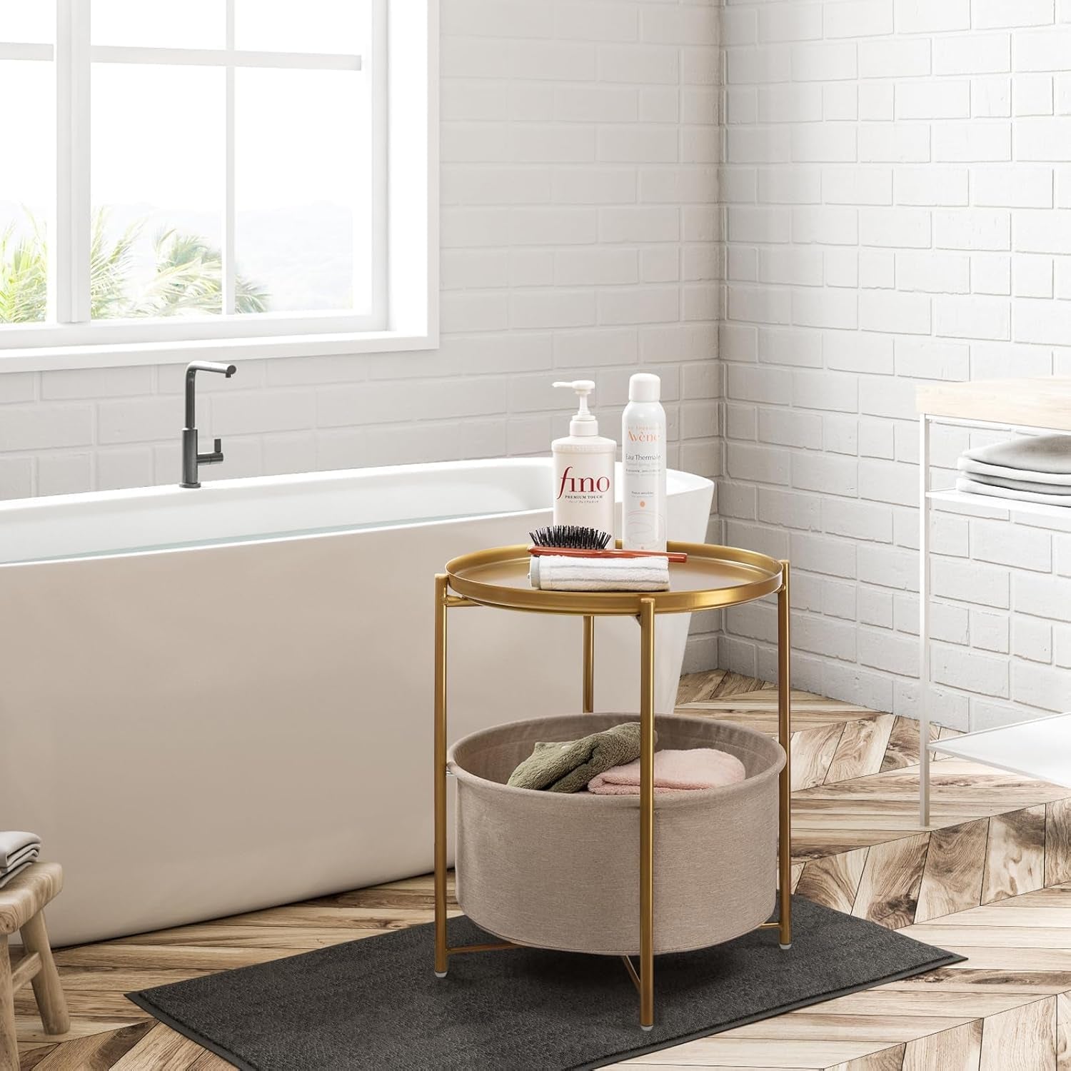 round Side Table with Fabric Storage Basket, Metal Side Small Bedside Table Nightstand with Removable Tray Top for Living Room, Bedroom, Nursery, Laundry, Gold