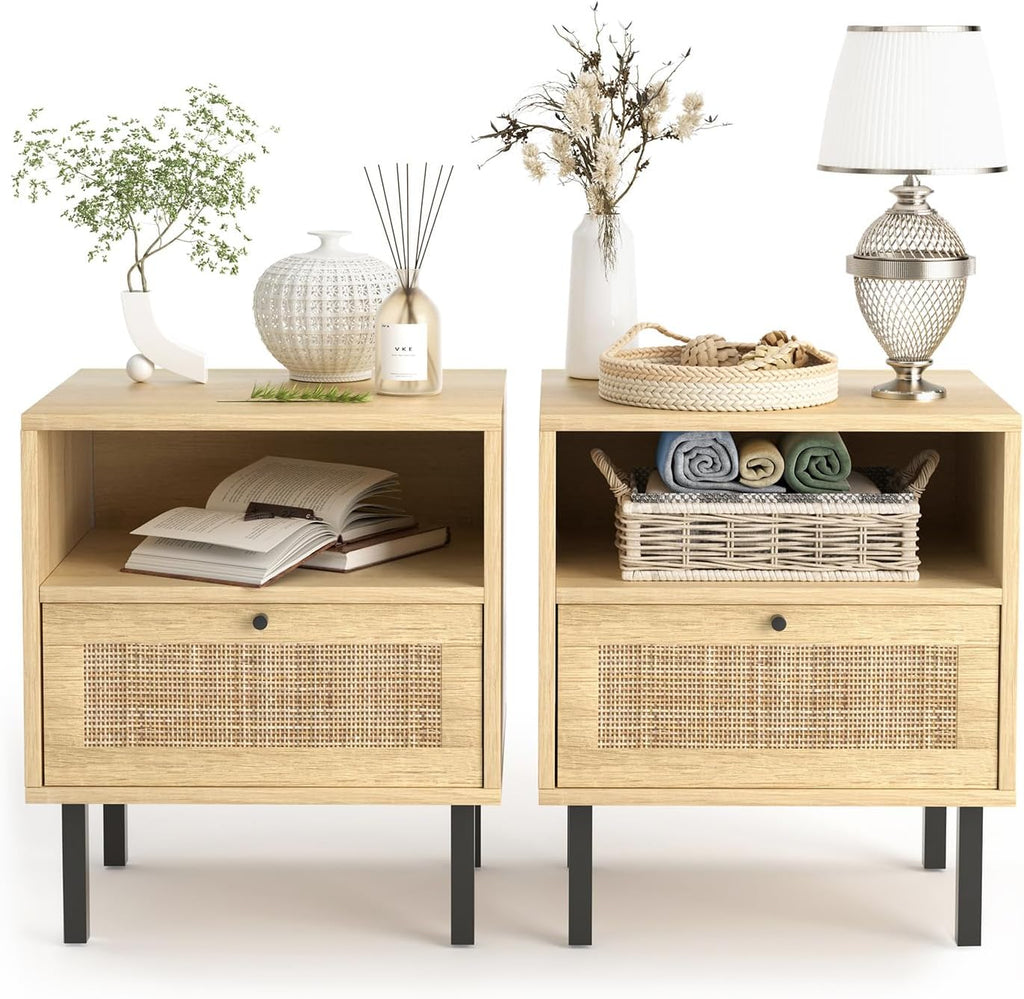 Natural Rattan Nightstand Set of 2, End Table,Boho Bedside Table with 1 Hand Made Decorated Door for Living Room, Bedroom