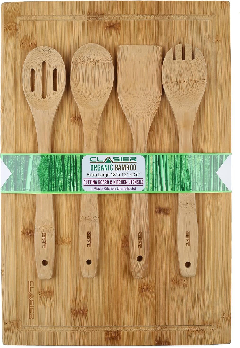 Bamboo Cutting Board Extra-Large 12" X 18" and Four Piece Utensils Set with Juice Tray Groove - Organic Perfect Solid Wood Eco and Knife -Friendly- Best Kitchen Chef Bread-Chopping Board: by