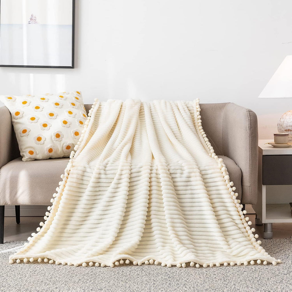 Fleece Blanket Throw Size – 51X63, Beige – Soft, Plush, Fluffy, Fuzzy, Warm, Cozy – Perfect Throw for Couch, Bed, Sofa - with Pompom Fringe - Flannel Blanket Throw Blanket