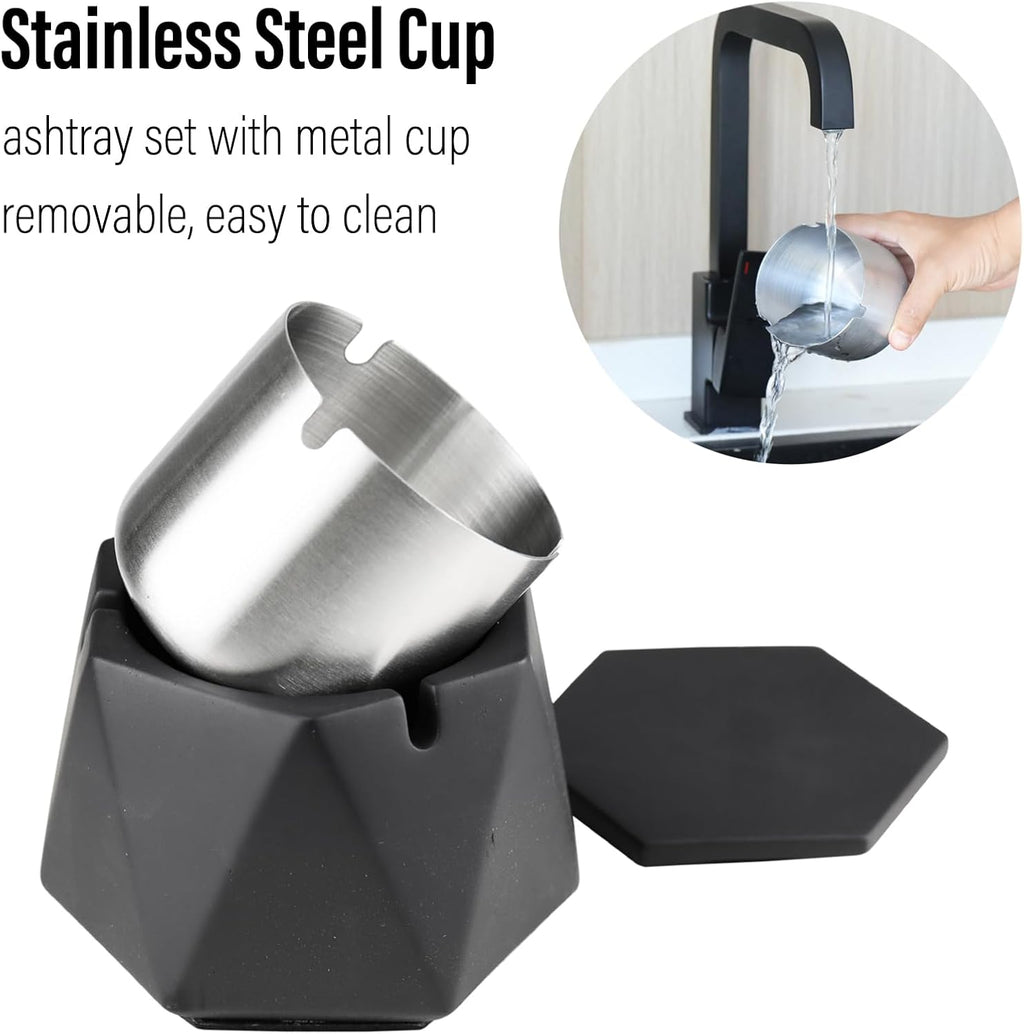 Concrete Ashtray with Lid & Stainless Steel Ashtrays for Cigarettes, Cement Ash Tray Smoking Holder Indoor Smokeless Outdoor Windproof Patio Home Office Cool Decor(Black, Large)