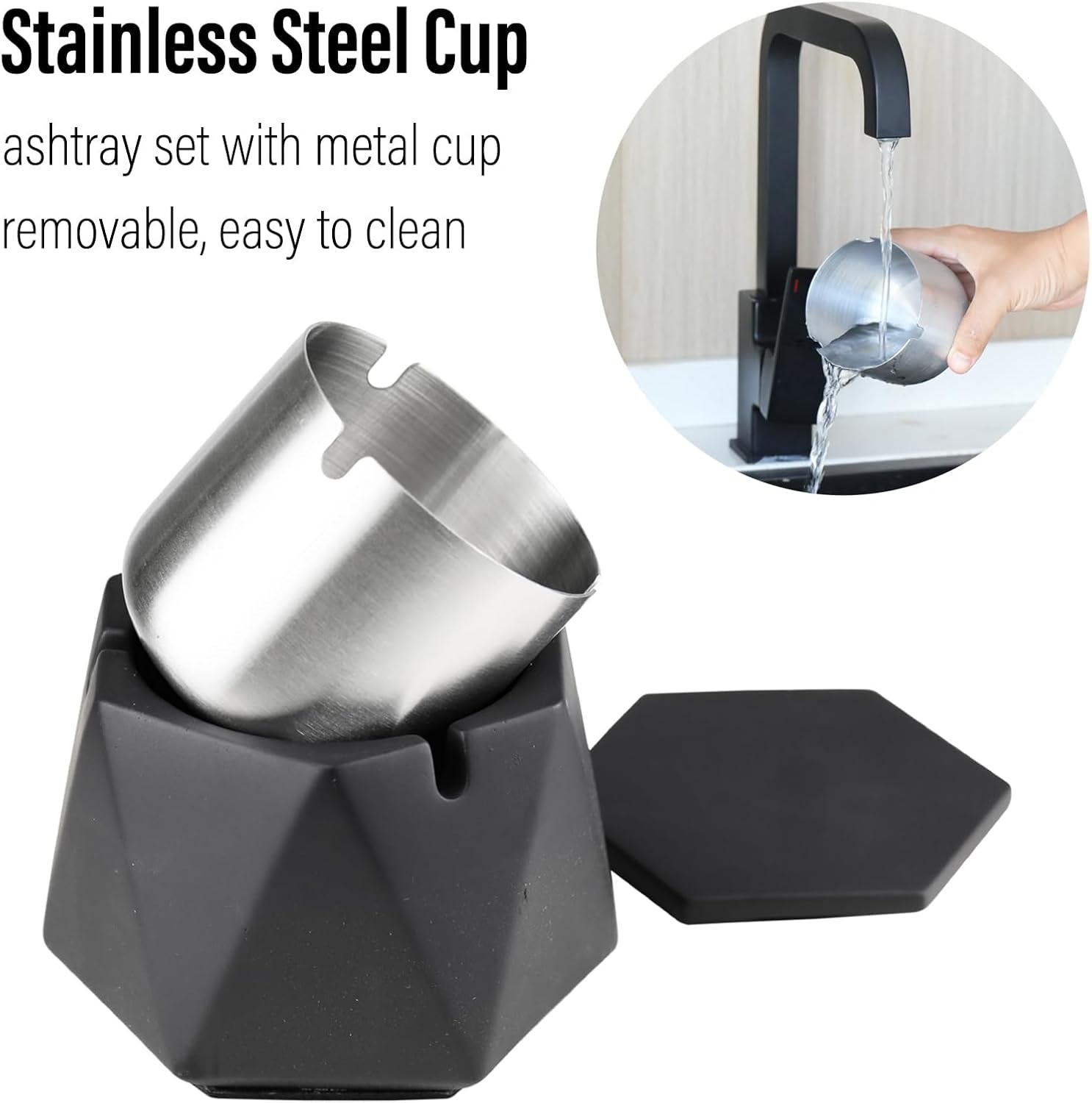 Concrete Ashtray with Lid & Stainless Steel Ashtrays for Cigarettes, Cement Ash Tray Smoking Holder Indoor Smokeless Outdoor Windproof Patio Home Office Cool Decor(Black, Large)