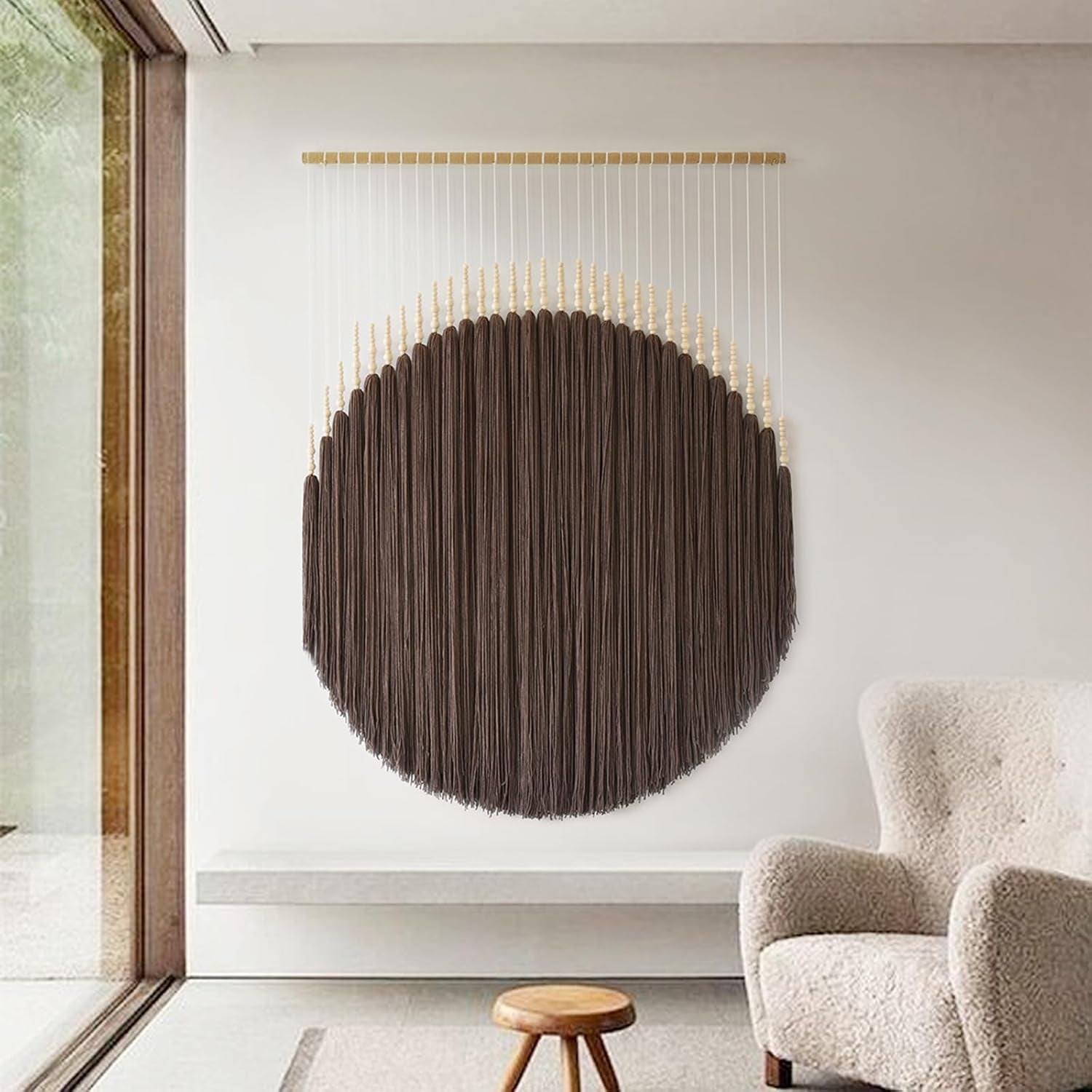 Macrame Wall Hanging Brown Yarn Beaded Backdrop Boho Wall Decor round Tassel Home Wall Aesthetic Living Rooms Bedrooms Offices Geometric Art Chic Home Decor 39" W X 55" L