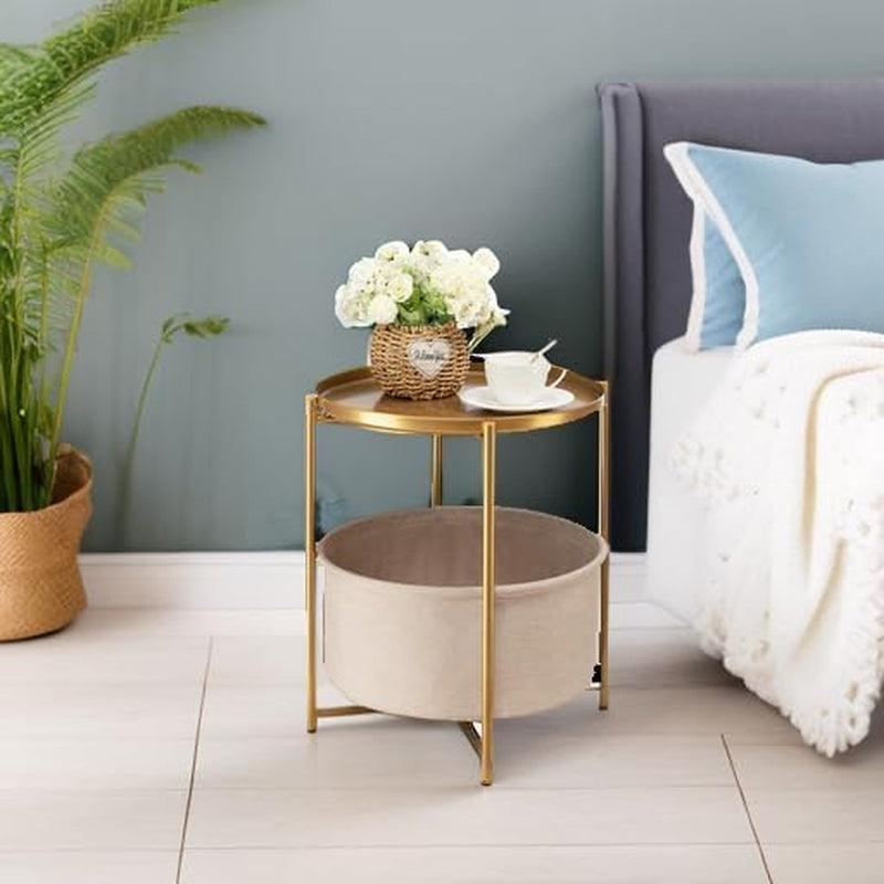 round Side Table with Fabric Storage Basket, Metal Side Small Bedside Table Nightstand with Removable Tray Top for Living Room, Bedroom, Nursery, Laundry, Gold