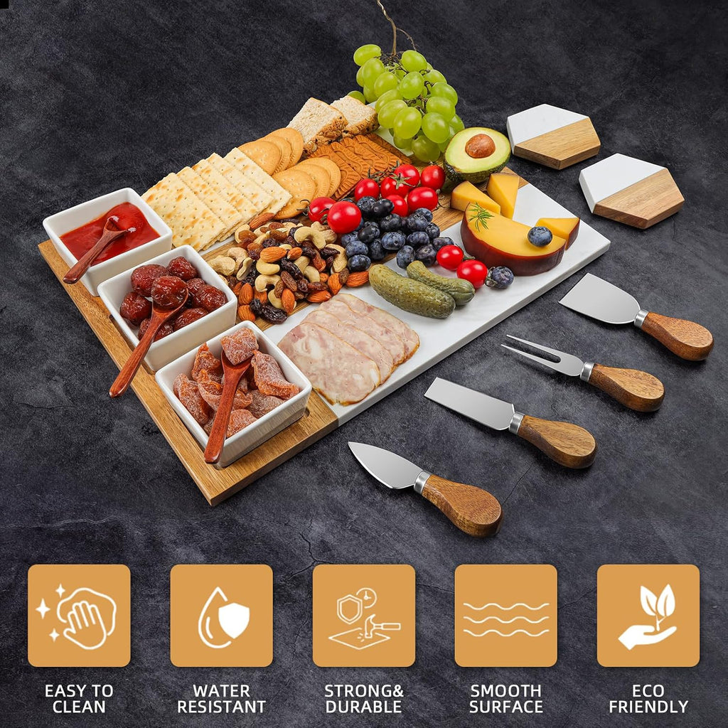 Charcuterie Board Set, Marble Cheese Boards, 15.74“ Wood - Marble Cheese Board Set for Couples 2025, Bridal Shower, Housewarming Gifts New Home, Gifts for Women