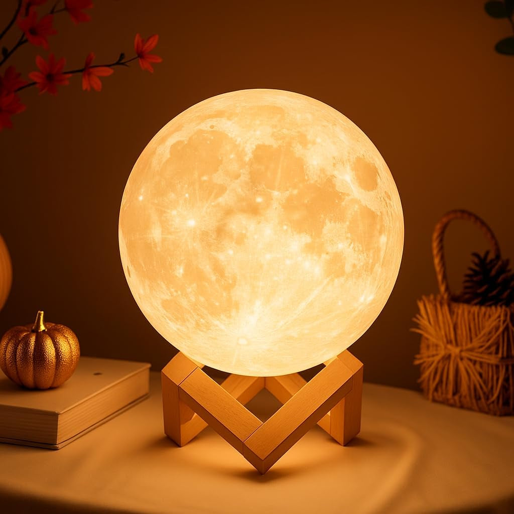 Moon Lamp, 3D Printed LED Night Light 4.7' with Wooden Base, Fall Halloween Decor Touch-Dimmable & Dual-Color, White & Yellow — Gift for Women, Mom, Kids, Bedroom, Birthday