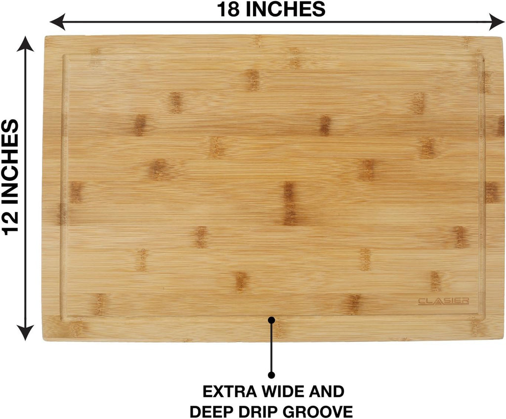 Bamboo Cutting Board Extra-Large 12" X 18" and Four Piece Utensils Set with Juice Tray Groove - Organic Perfect Solid Wood Eco and Knife -Friendly- Best Kitchen Chef Bread-Chopping Board: by