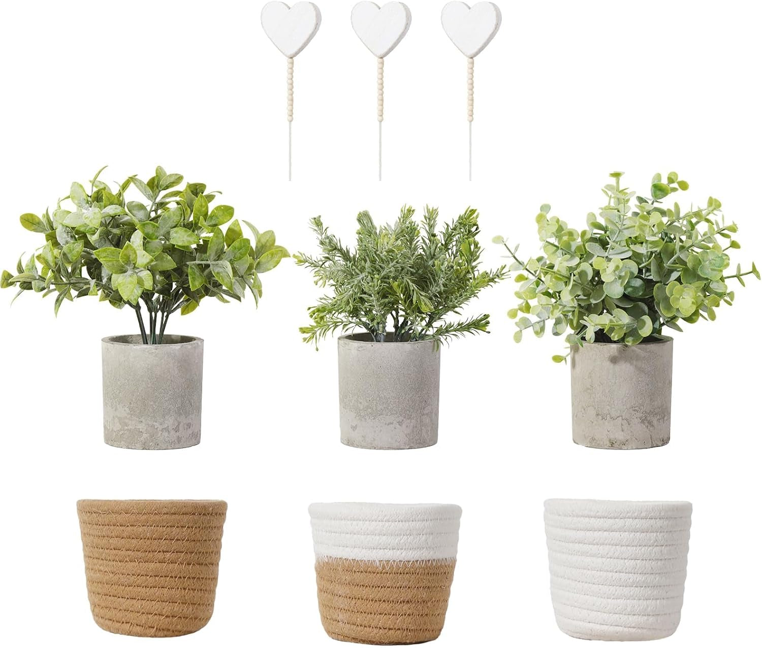 Small Fake Plants: 10 Inches Artificial Plants with Rustic Woven Cotton Planters, Indoor Farmhouse Decorations, Eucalyptus Plant for Home Bathroom Office Shelf Tabletop Desk Room Decor or Gift