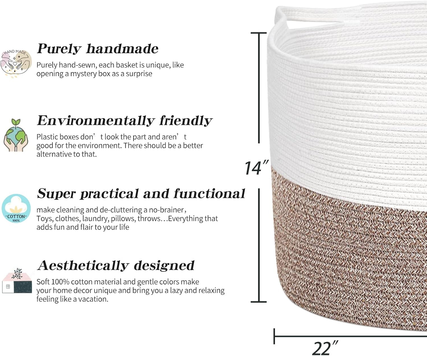 Extra Large Cotton Rope Basket 22" X 14" - Toy Basket for Kids -Blanket Basket for Living Room - Woven Baskets for Storage