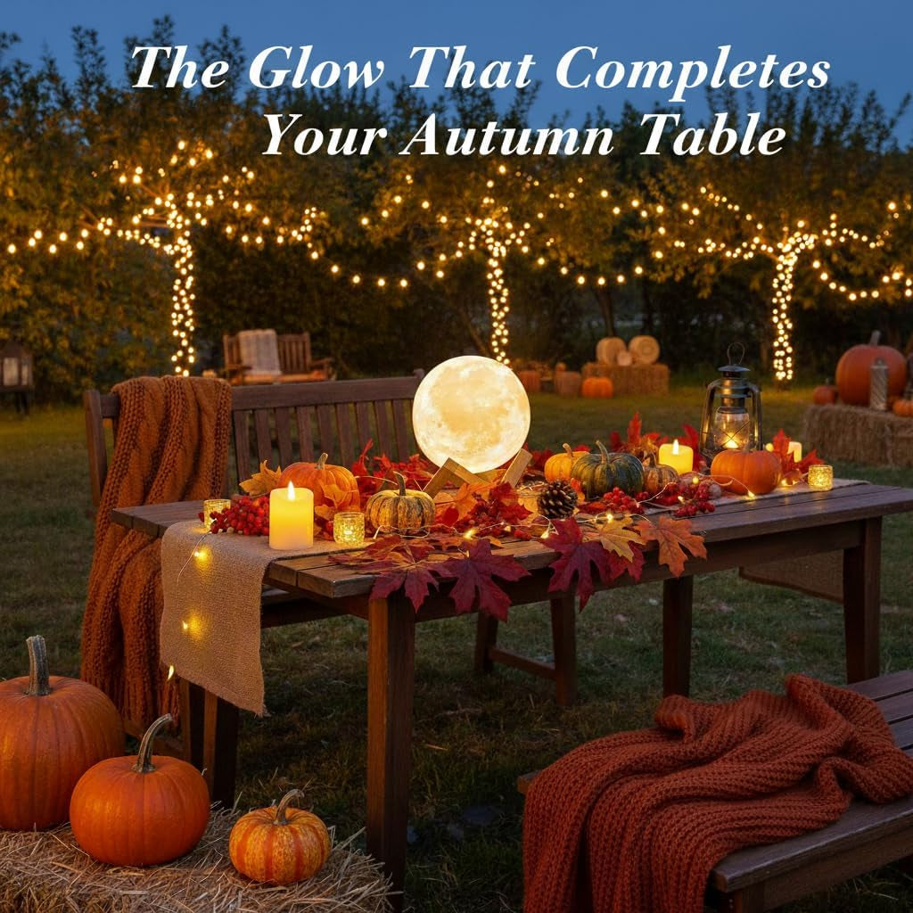 Moon Lamp, 3D Printed LED Night Light 4.7' with Wooden Base, Fall Halloween Decor Touch-Dimmable & Dual-Color, White & Yellow — Gift for Women, Mom, Kids, Bedroom, Birthday