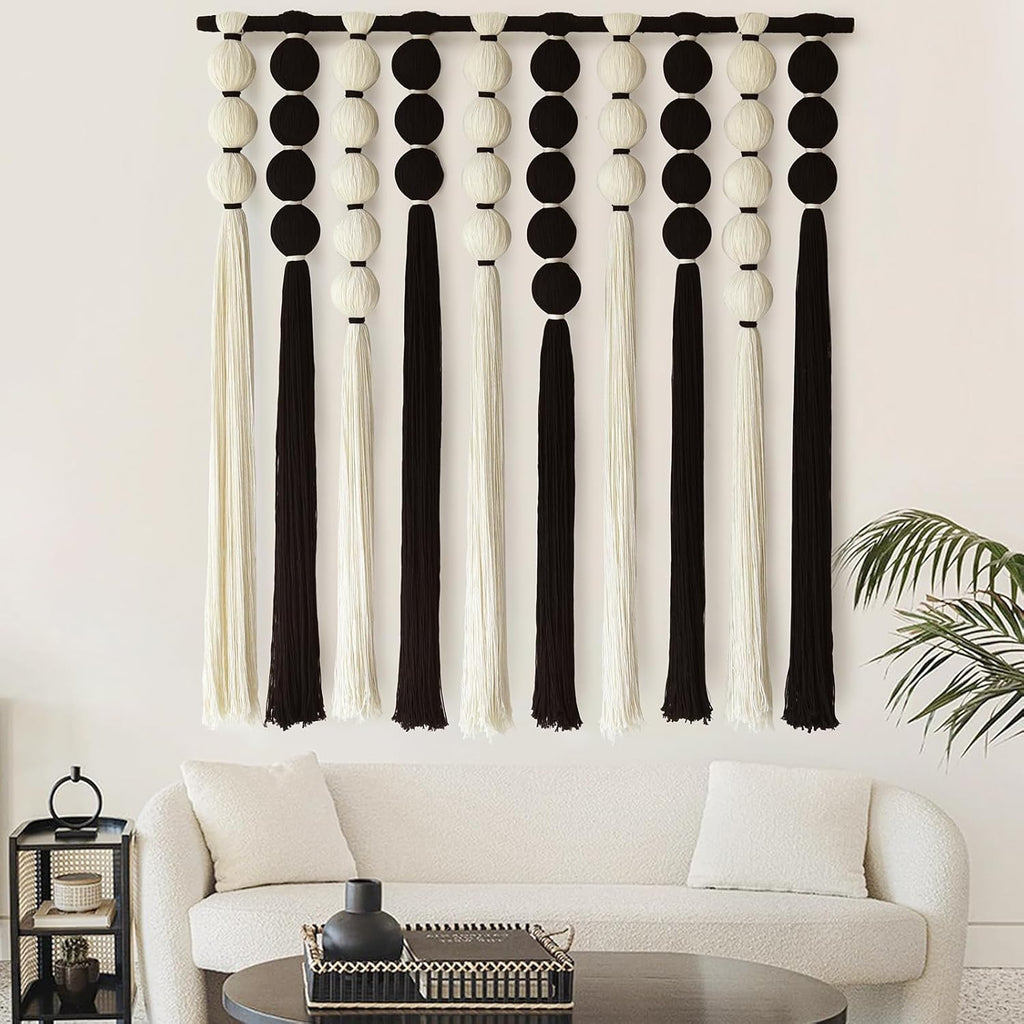 Large Macrame Wall Hanging Macrame Wall Decor Black and White Sphericity Cotton Textile Wall Hanging Boho Wall Decor Art Fiber Yarn Art Handmade 39" Wx39 L