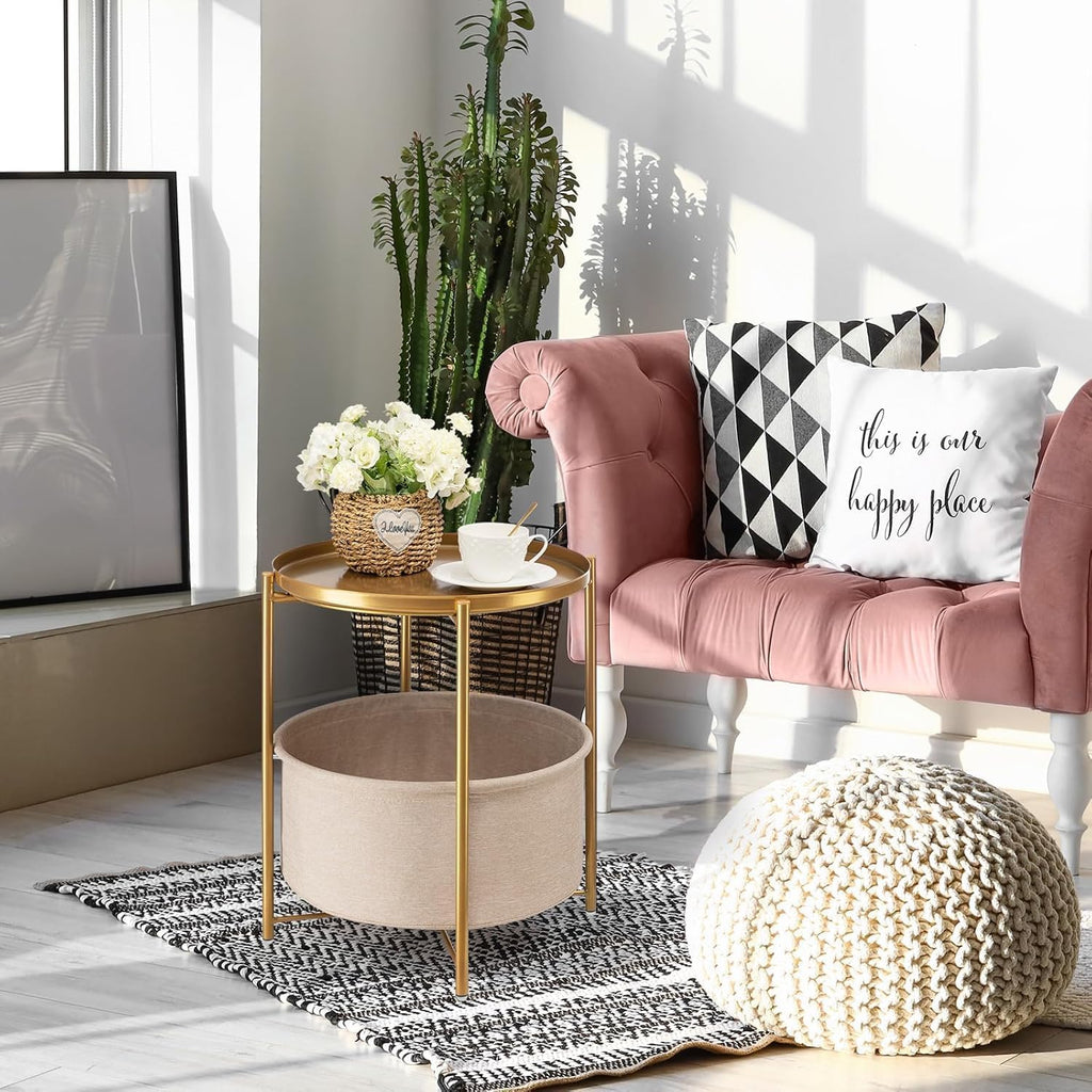 round Side Table with Fabric Storage Basket, Metal Side Small Bedside Table Nightstand with Removable Tray Top for Living Room, Bedroom, Nursery, Laundry, Gold
