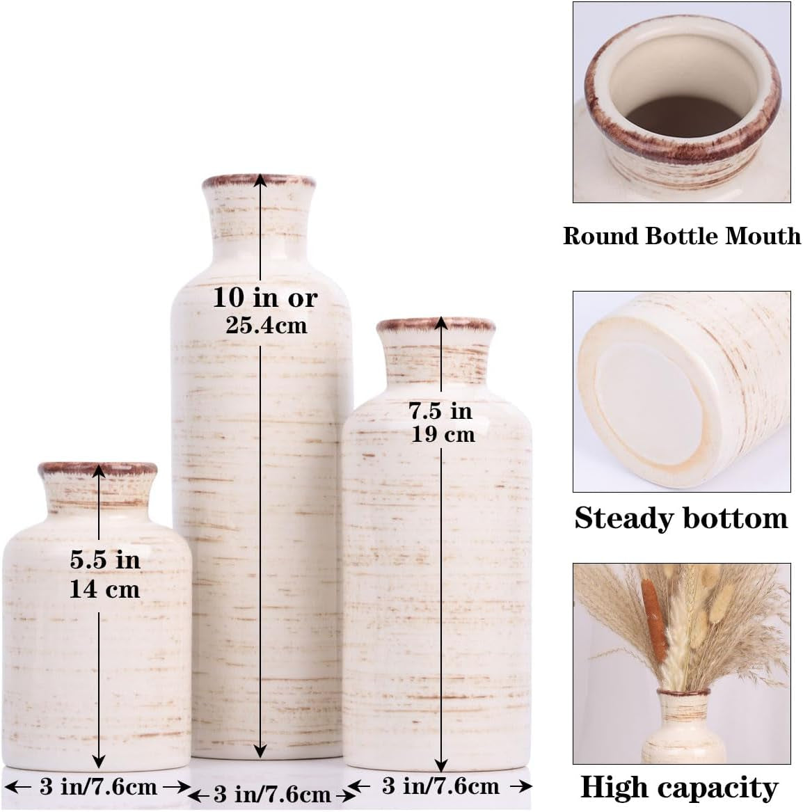 Ceramic Vase Set - 3 Ceramic Small Vases, Farmhouse Country Flower Vase Home Decor, Living Room Decoration, Table Decoration, Fireplace Decor, and Entrance Decorations Centerpieces