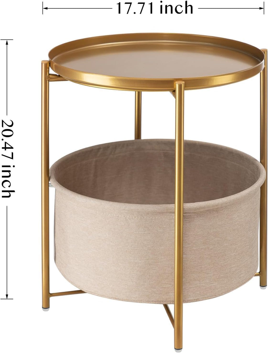 round Side Table with Fabric Storage Basket, Metal Side Small Bedside Table Nightstand with Removable Tray Top for Living Room, Bedroom, Nursery, Laundry, Gold