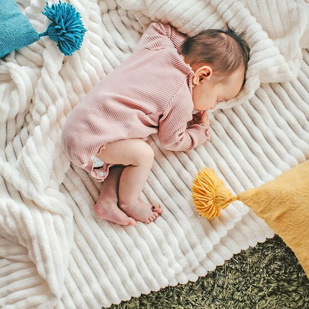 Fleece Blanket Throw Size – 51X63, Beige – Soft, Plush, Fluffy, Fuzzy, Warm, Cozy – Perfect Throw for Couch, Bed, Sofa - with Pompom Fringe - Flannel Blanket Throw Blanket