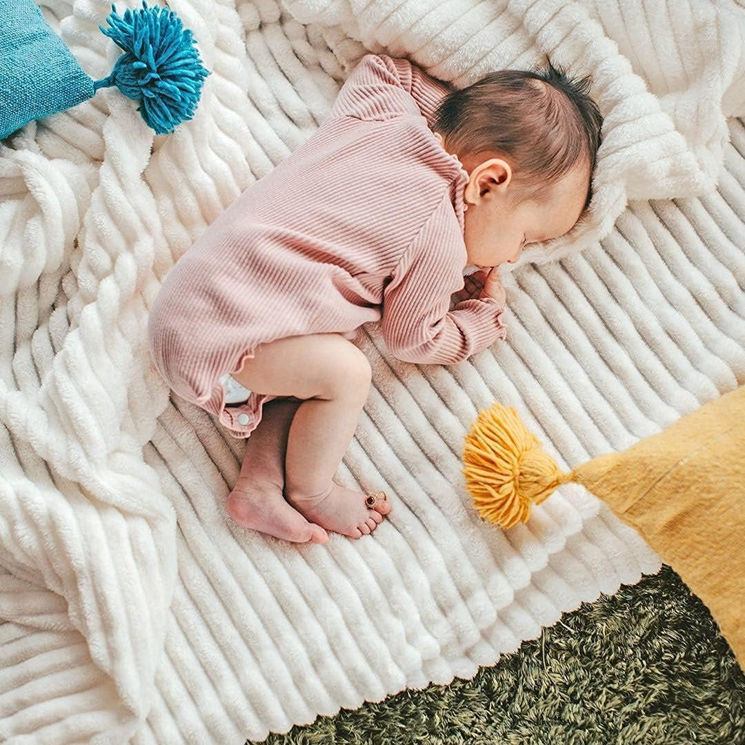 Fleece Blanket Throw Size – 51X63, Beige – Soft, Plush, Fluffy, Fuzzy, Warm, Cozy – Perfect Throw for Couch, Bed, Sofa - with Pompom Fringe - Flannel Blanket Throw Blanket