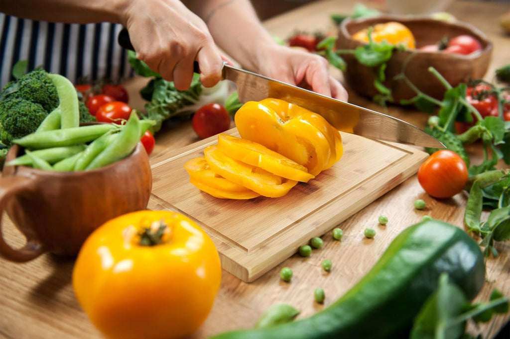 Bamboo Cutting Board Extra-Large 12" X 18" and Four Piece Utensils Set with Juice Tray Groove - Organic Perfect Solid Wood Eco and Knife -Friendly- Best Kitchen Chef Bread-Chopping Board: by