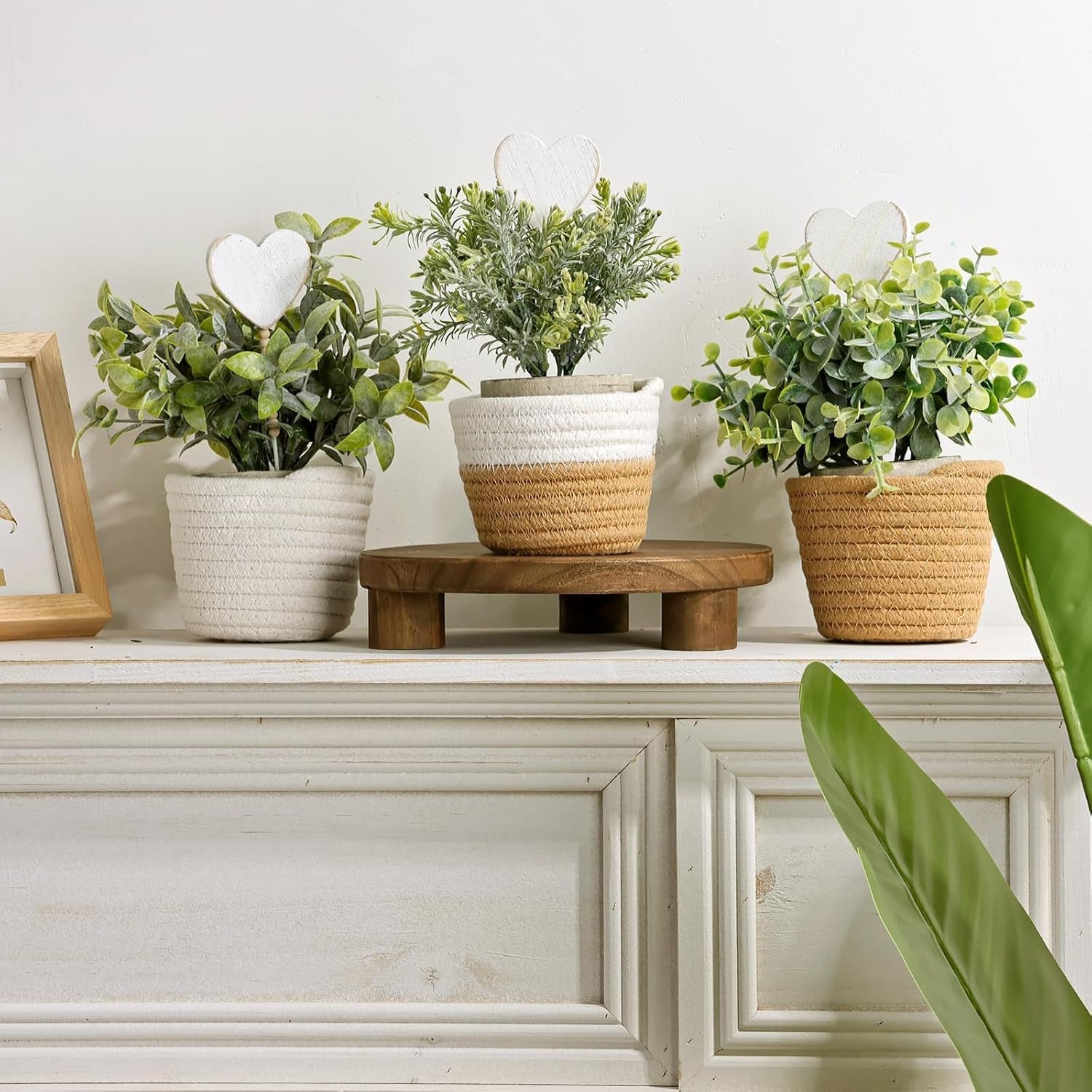 Small Fake Plants: 10 Inches Artificial Plants with Rustic Woven Cotton Planters, Indoor Farmhouse Decorations, Eucalyptus Plant for Home Bathroom Office Shelf Tabletop Desk Room Decor or Gift