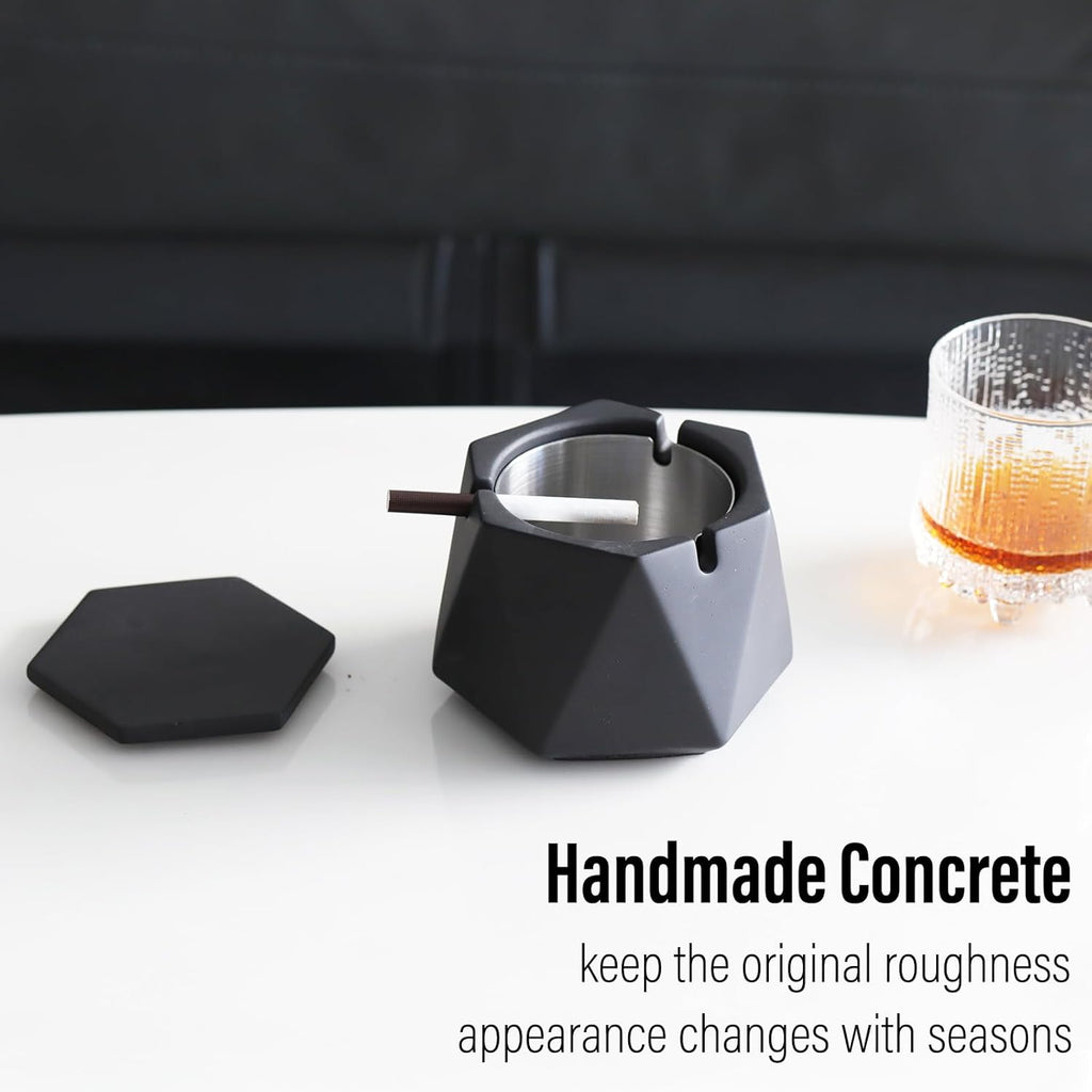 Concrete Ashtray with Lid & Stainless Steel Ashtrays for Cigarettes, Cement Ash Tray Smoking Holder Indoor Smokeless Outdoor Windproof Patio Home Office Cool Decor(Black, Large)