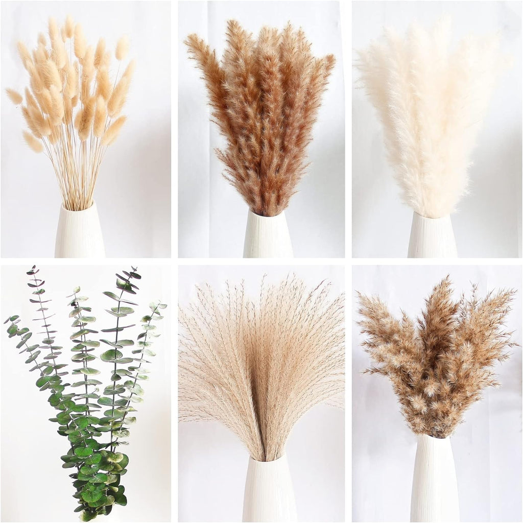 110 PCS of Boho Pampas Grass Decor, Naturally Dried Pompas, Bunny Tails Dried Flowers, and Dried Eucalyptus. Perfect for Weddings, Boho Party Decorations, and Table Decor.
