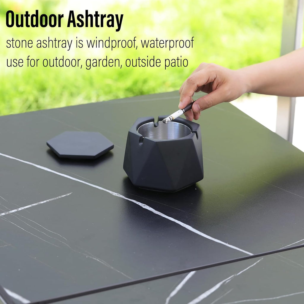 Concrete Ashtray with Lid & Stainless Steel Ashtrays for Cigarettes, Cement Ash Tray Smoking Holder Indoor Smokeless Outdoor Windproof Patio Home Office Cool Decor(Black, Large)