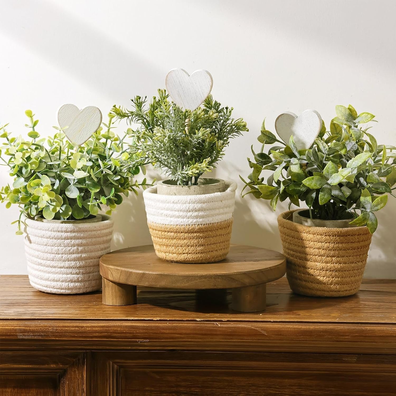 Small Fake Plants: 10 Inches Artificial Plants with Rustic Woven Cotton Planters, Indoor Farmhouse Decorations, Eucalyptus Plant for Home Bathroom Office Shelf Tabletop Desk Room Decor or Gift