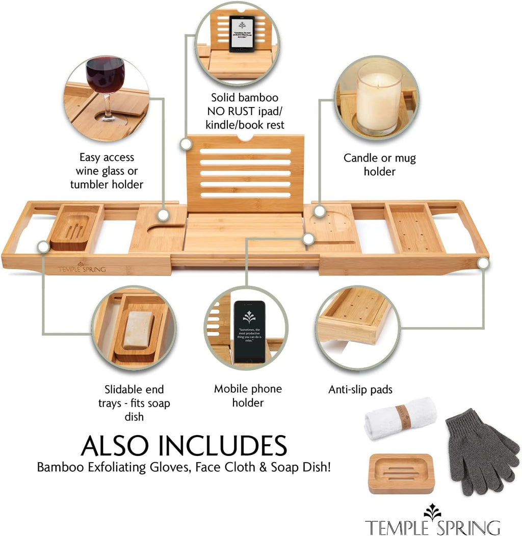 Wooden Bathtub Tray, Bamboo Bathroom Accessories, Bath Tray for Tub, at Home Spa Essentials, Board for Tub Table, Bath Caddy for Bathtub Accessories & Bathroom Essentials – Natural