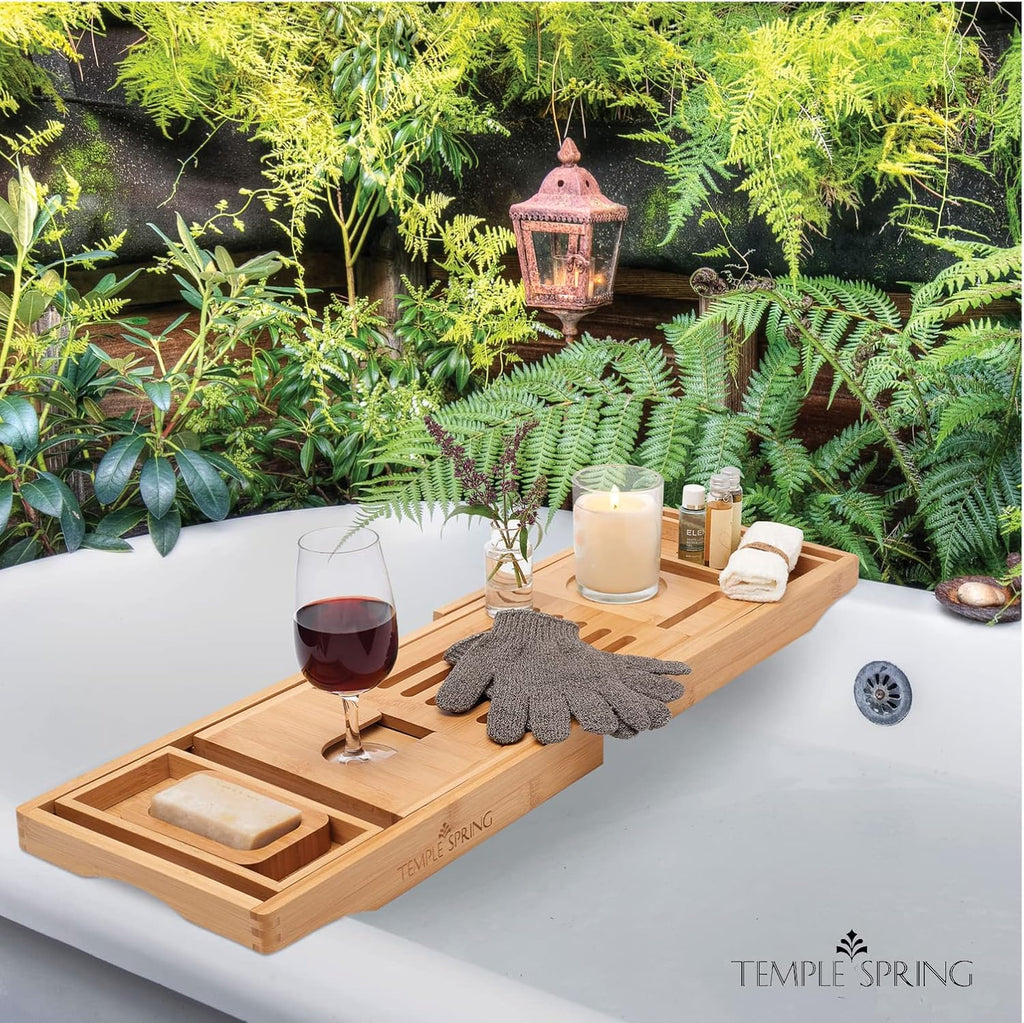 Wooden Bathtub Tray, Bamboo Bathroom Accessories, Bath Tray for Tub, at Home Spa Essentials, Board for Tub Table, Bath Caddy for Bathtub Accessories & Bathroom Essentials – Natural