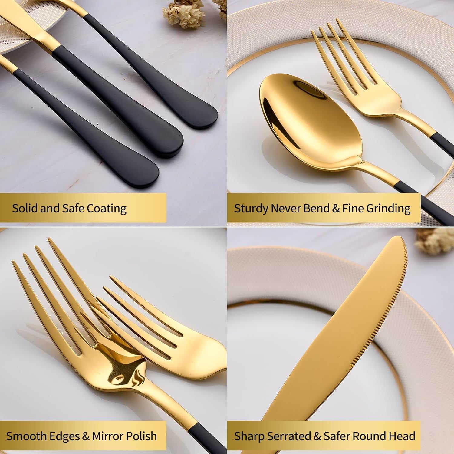 20-Piece Black & Gold Silverware Set, 18/0 Stainless Steel Colorful Handle Flatware Set, Service for 4, Modern Cutlery Set Includes Dinner Knives Forks Spoons, Mirror Polished, Dishwasher Safe