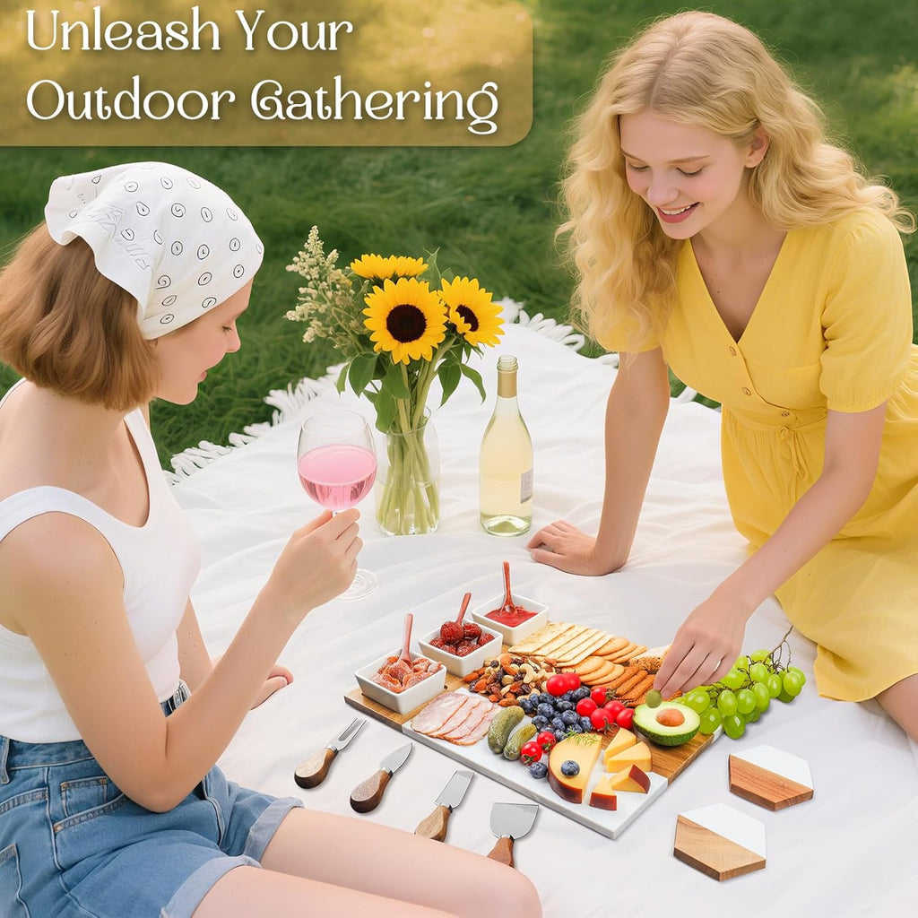 Charcuterie Board Set, Marble Cheese Boards, 15.74“ Wood - Marble Cheese Board Set for Couples 2025, Bridal Shower, Housewarming Gifts New Home, Gifts for Women