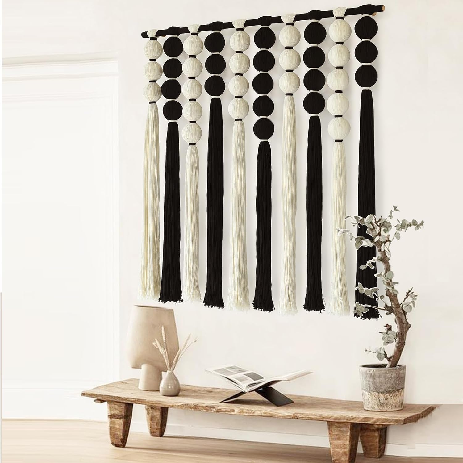 Large Macrame Wall Hanging Macrame Wall Decor Black and White Sphericity Cotton Textile Wall Hanging Boho Wall Decor Art Fiber Yarn Art Handmade 39" Wx39 L