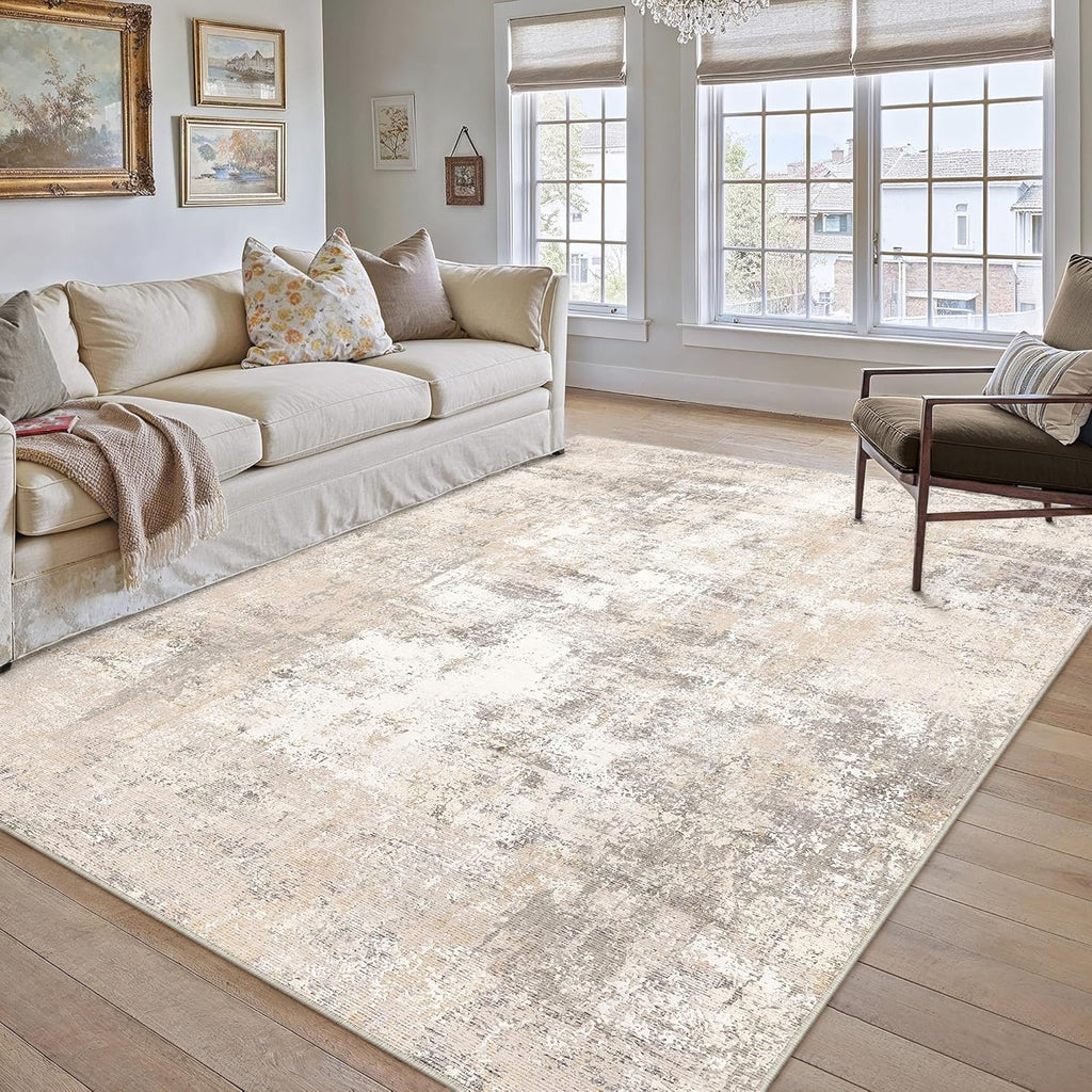 8X10 Washable Area Rug Beige Grey Abstract Living Room Bedroom Carpet Neutral Modern Non Slip Soft Low Pile Indoor Large Throw Rug for Dining Room Office